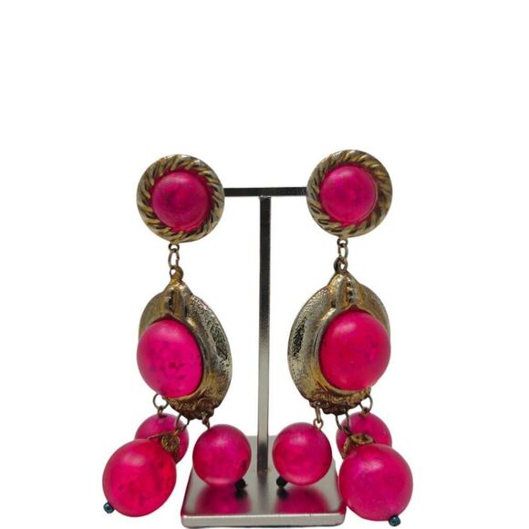 Vintage Hot Pink and Gold Statement Clip-On Earrings - Picture 1 of 5